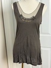Simply Vera Wang Long Tunic Tank Top Mesh & Beaded Neckline. Olive Green. M