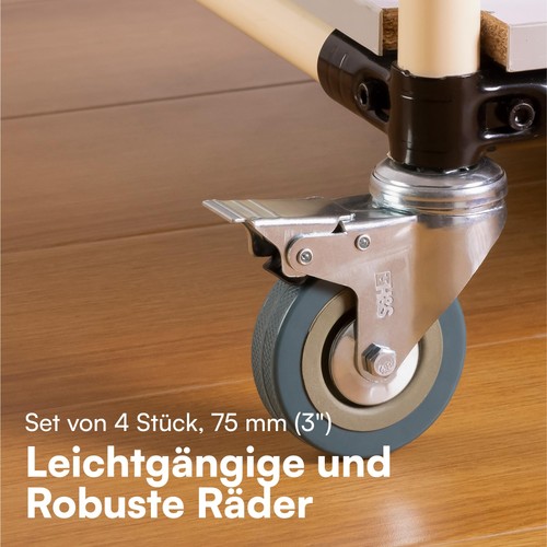 Schwerlastrollen 75 mm - Rollen für Möbel - 4er Set Gummi Lenkrollen mit Bremse - Photo 7/7