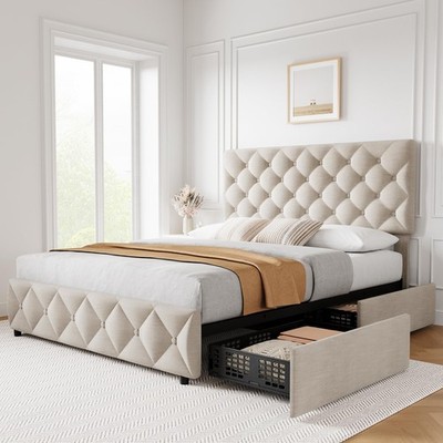 Queen Size Bed Frame with 4 Storage Drawers and Headboard Upholstered Platform