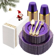 350PCS Clear Purple Plastic Plates for 50 Guests, Disposable Plates with Gold...