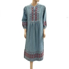 CurrentElliott Floral Embroidered Midi Dress Denim Cotton M-2 NWD 284754
