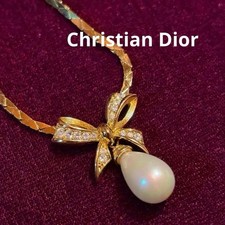 Christian Dior Vintage Ribbon Pearl Necklace Gold Tone, Used, Elegant Japan