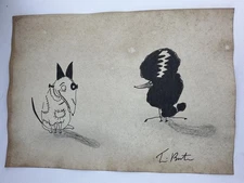 Tim Burton COA Art Painting Original Drawing Vintage Paper Signed