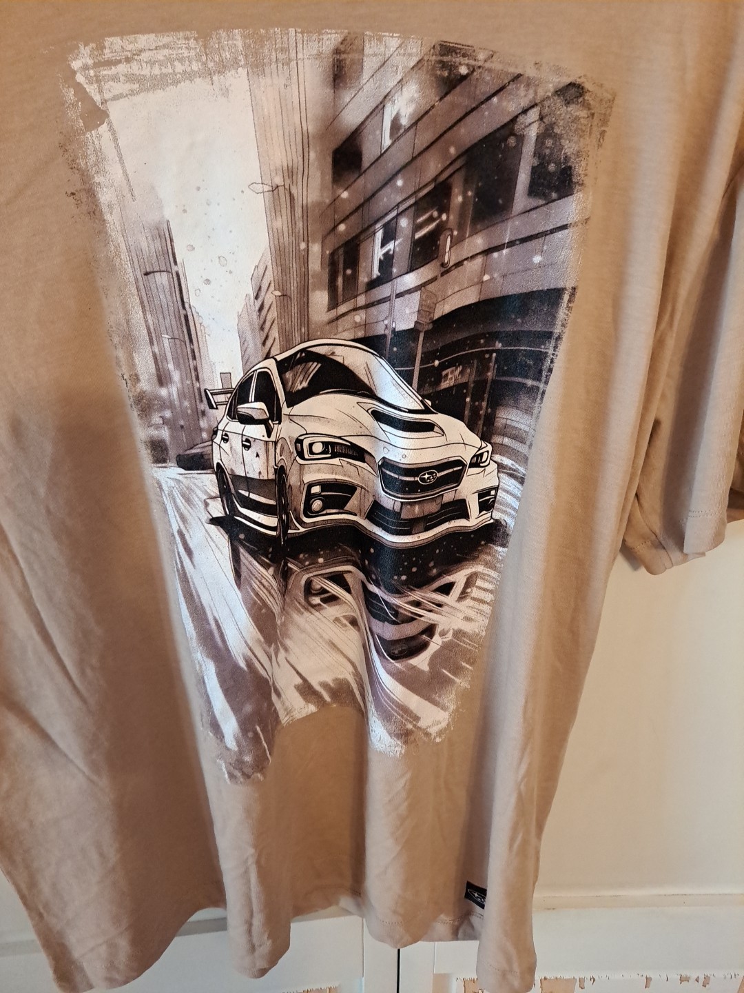 Subaru T-Shirt Men's XL Tan Short Sleeve Crew Neck Logo Cotton Car Graphic Tee