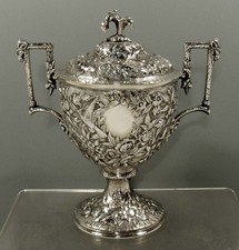 Kirk Silver Sugar Bowl c1880 BRIDS & FLORAL / RAM HANDLES