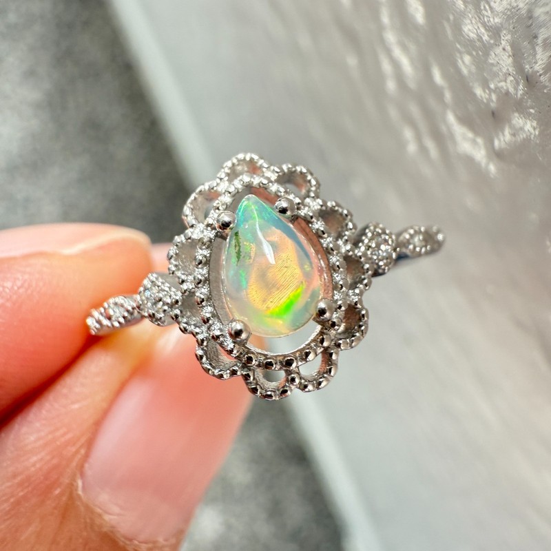 925 Sterling Silver Ring 5x4mm Natural Opal Teardrop Zircon Handmade Flower Cute