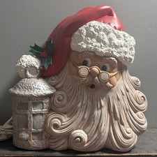 VTG Light Up Santa Claus Face Head Lantern 12" Hand Painted Ceramic Illuminated