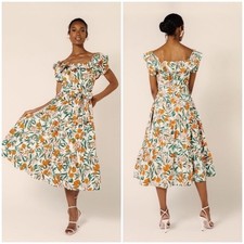 Rachel Parcell Sz 4 Orange Citrus Floral Off Shoulder Midi Dress Cottagecore