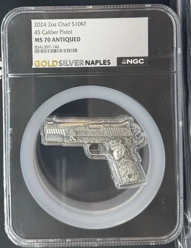 2 Oz Silver Coin 2024 Chad .45 Caliber Pistol NGC MS 70 Antiqued Silver