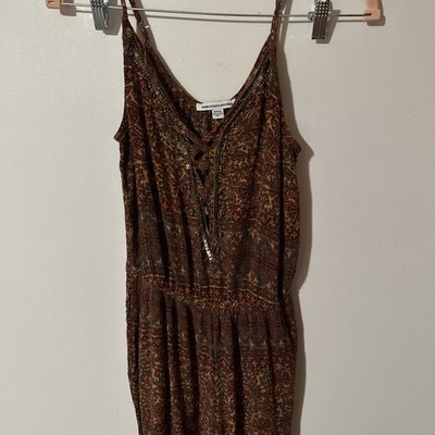 AE American Eagle Boho 70s Jumpsuit Beaded Pattern Small S Rust Burgundy Orange