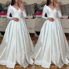 Elegant Wedding Dresses V Neck Long Sleeves A Line Satin Sweep Train Bridal Gown