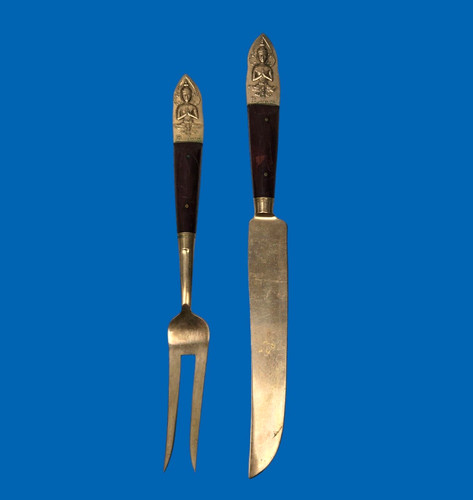 Vintage Carving Set Knife & Fork Buddha Bronze Brass Rosewood Siam Thailand