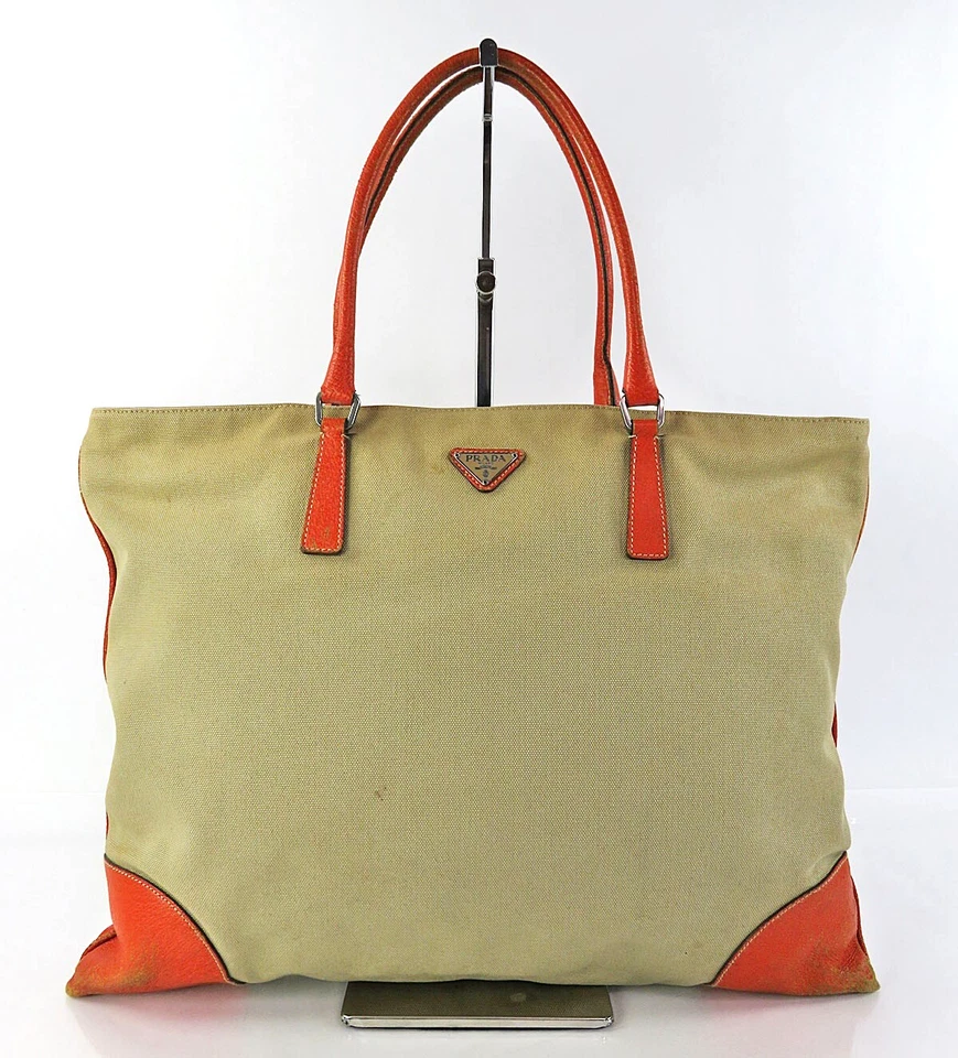 Подлинный PRADA бежевый холст и оранжевый кожаный сумка с короткими ручками ручная сумка сумочка #60959 - Изображение 2 из 4