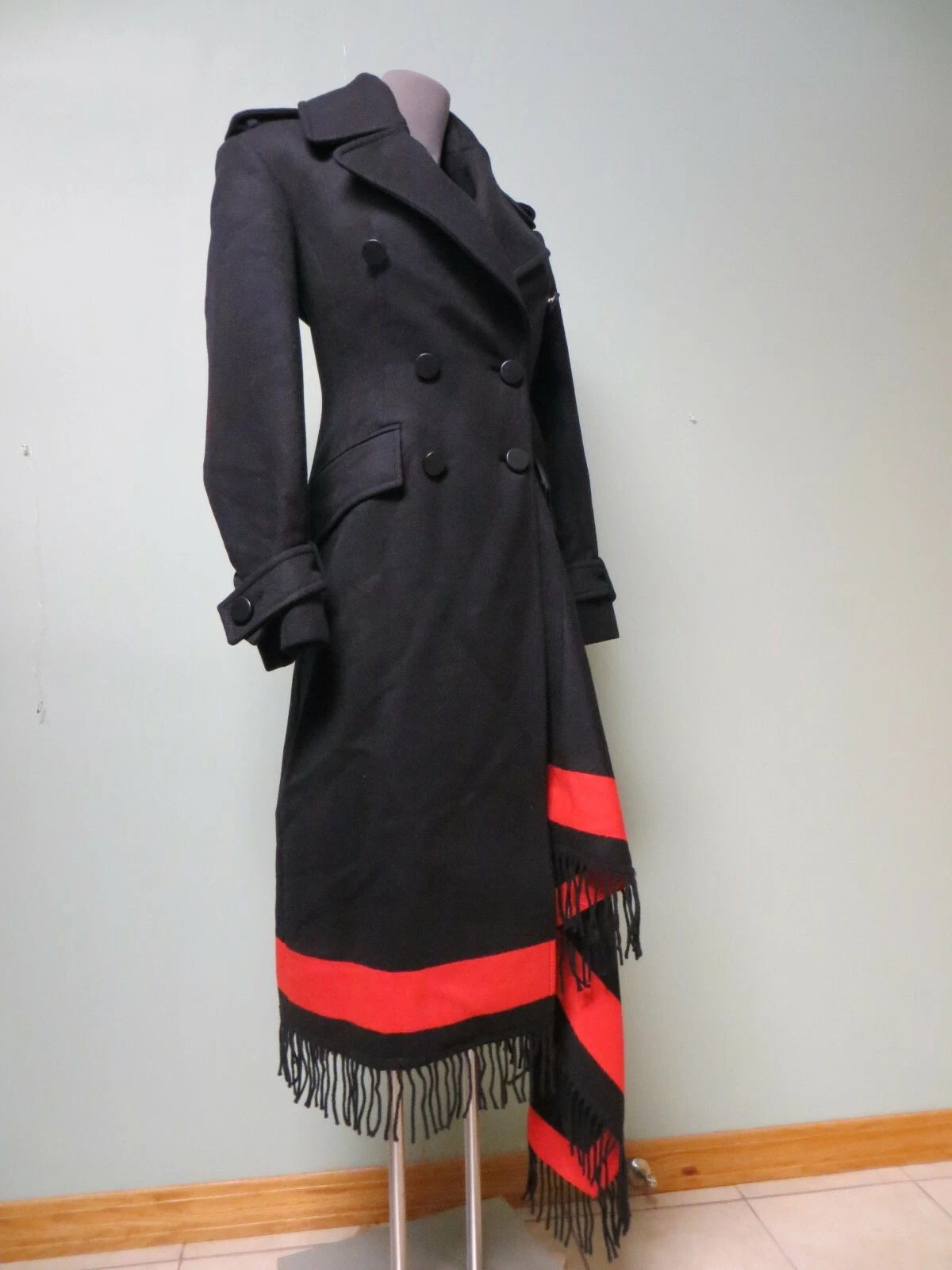 $7290 NUOVO Alexander McQueen rosso nero orlo frange coperta cappotto abito 40 militare
