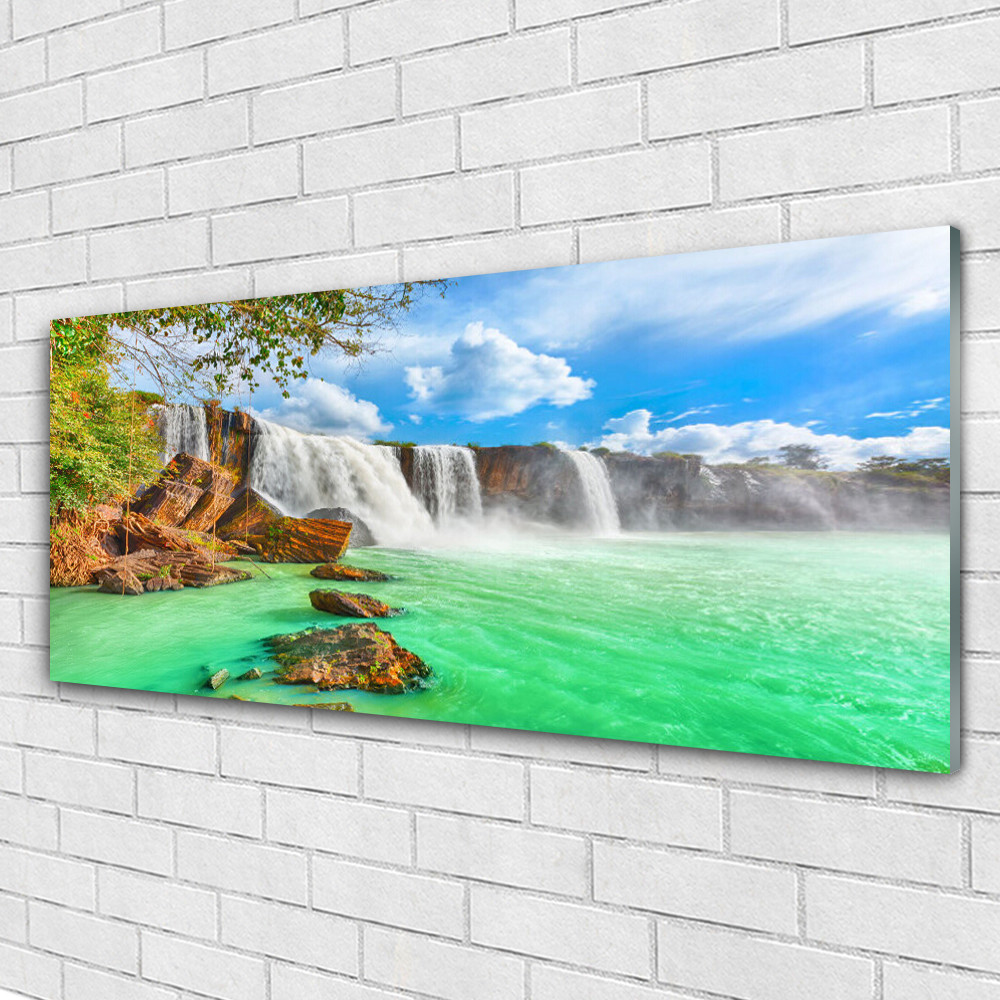 Tableau impression sur verre 125x50 cm Paysage Chute d'Eau et Lac