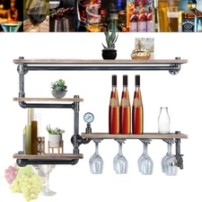 Rustic Metal Floating Bar Shelves Wall Mount Industrial Pipe Shelf Wine Rack
