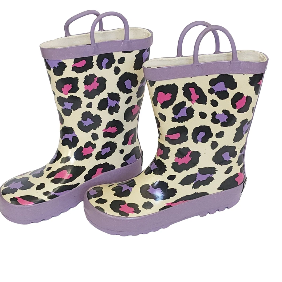 Timbee Child s Pull On Rain Mud Boots Cheetah Print Purple Cream Size 12