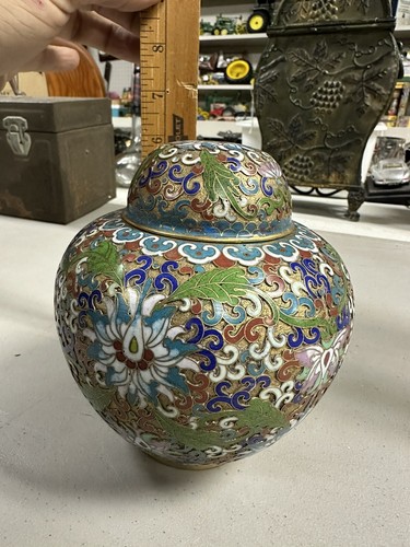 Chinese Raised Wire Cloisonne Enamel on Brass Ginger Jar Vase Floral... - Picture 16 of 16