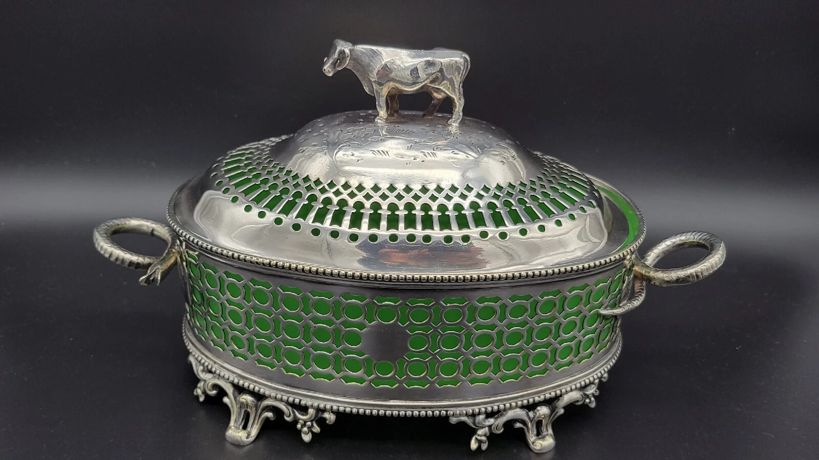 Rare Antique Silverplate & Green Glass Insert Butter Dish