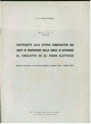 TAGLIAFERRI CONTRIBUTO STUDIO COSTI PRODUZIONE GHISA RIFUSIONE CUBILOTTO  FORNO | eBay