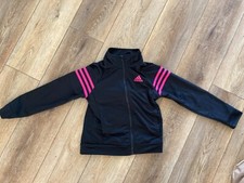 Adidas Kids S 7/8 Zip Up Jacket Black with Pink Stripes Used in Good Shape