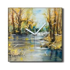 Image of Silent Wall Clock Canvas 30x30 Painting Abstract Forest Trees River Nature