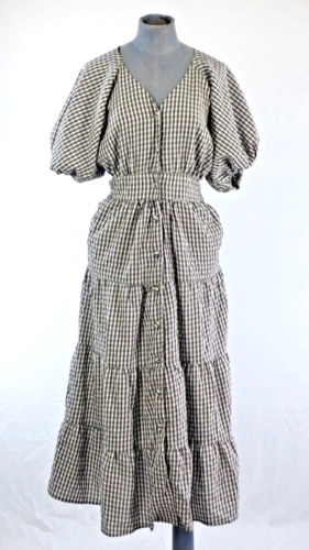 Nasty Gal Dress Midi Gingham Puff Sleeve Tiered Cut Out Fit Flare UK 4 BNWT - 第 1/11 張圖片
