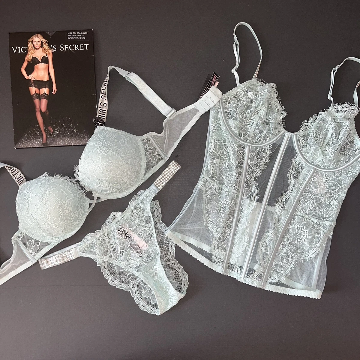 Victoria's Secret unlined 34C BRA SET+thong+S panty SILVER gray