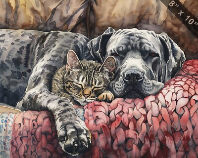 Great Dane and Scottish Fold cat enjoying a cozy afterno 8x10 Print