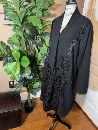 Johnny Was M Black Wool Blend Dressy Coat Silk Lining Jacket Satin Accents NWT - Picture 7 of 22