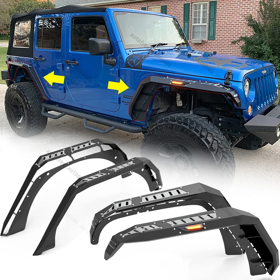 Front+Rear Fender Flares w/LED Lights For Jeep Wrangler 2007-2018 JK JKU Steel Foto 4 de 4
