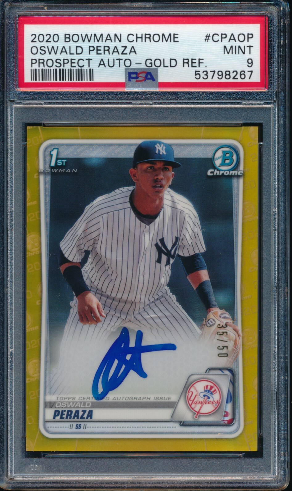 PSA 9 OSWALD PERAZA AUTO 1st 2020 Bowman Chrome GOLD REFRACTOR #/50 RC MINT