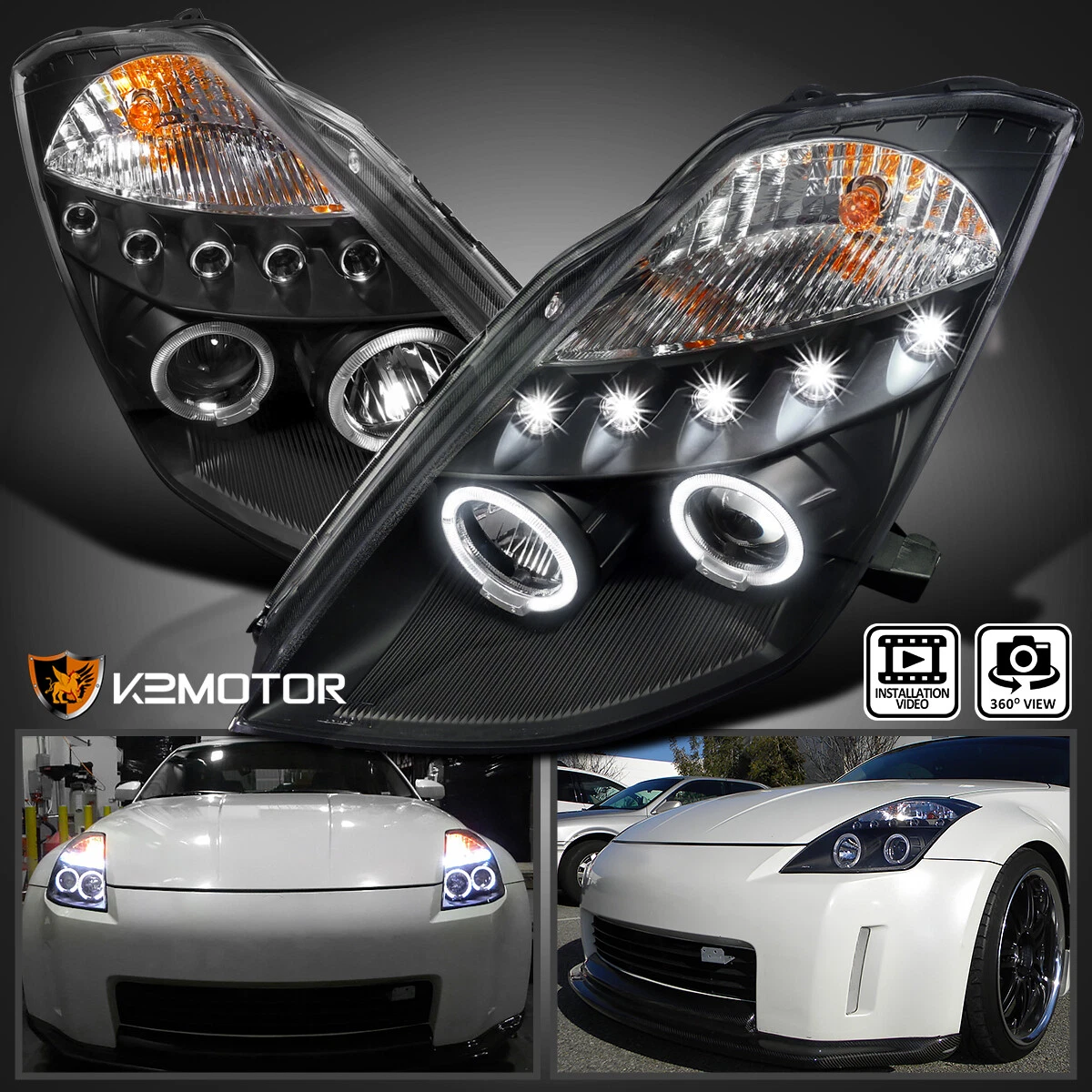 Black Fits 2003-2005 350Z LED Strip Halo Projector Headlights Lamps L+R