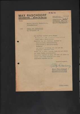 Berlin, letter 1946, Max Raschdorf nutrition