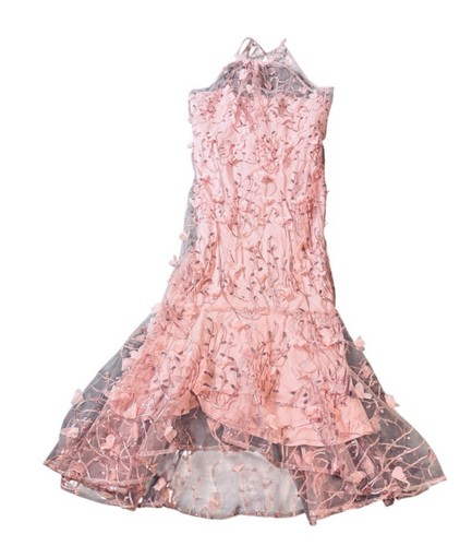 NWT Dessy SHEER HALTER NECK 3D FLORAL EMBROIDERED DRESS HIGH-LOW HEM Pink SZ 12 - Picture 4 of 11