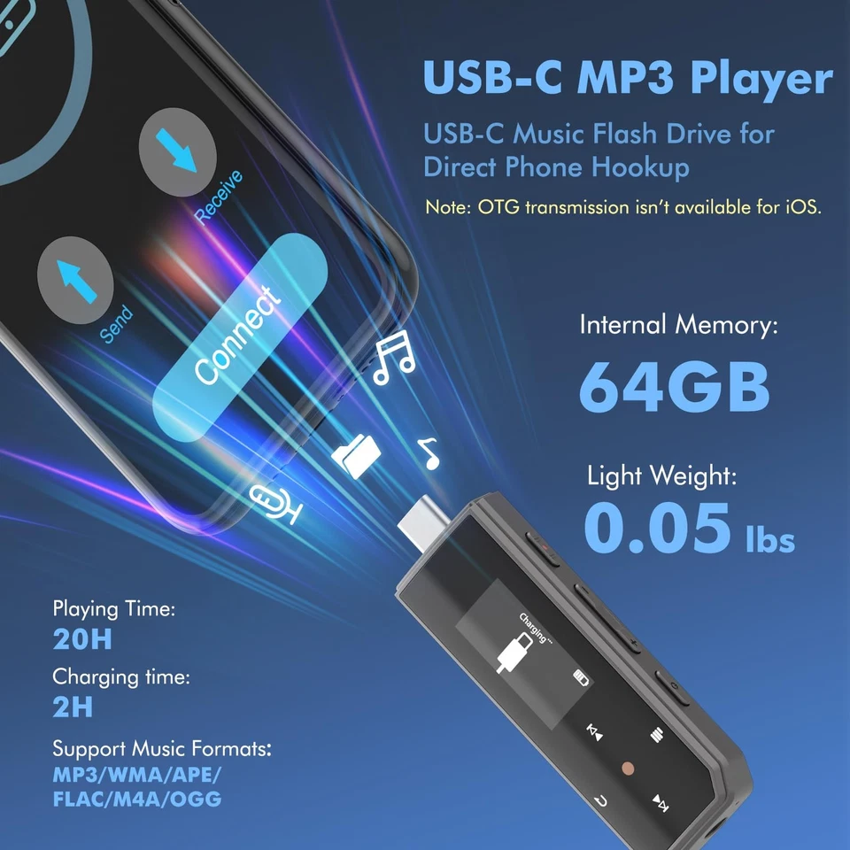 64GB Type-C USB MP3 Player with Bluetooth 5.3, Clip Portable Music Player wit... - Image 3 of 4