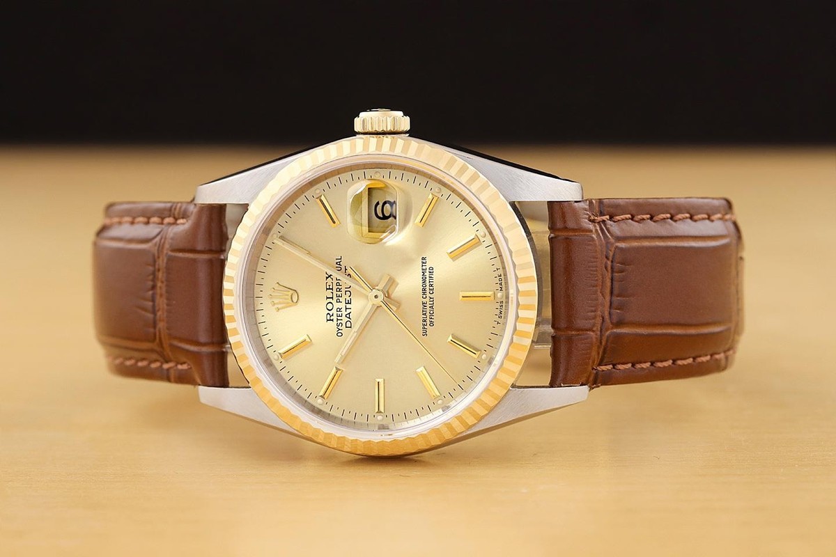 ROLEX MENS DATEJUST 16233 CHAMPAGNE 18K GOLD STEEL BROWN LEATHER