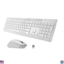 HUO JI Wireless Keyboard & Mouse Set - Full-Size 2.4G Ergonomic, Quiet, White