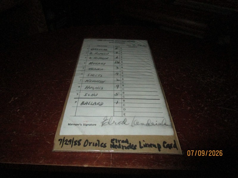 July 29 1988 Baltimore Orioles Baseball Lineup Card Signed by Elrod Hendricks