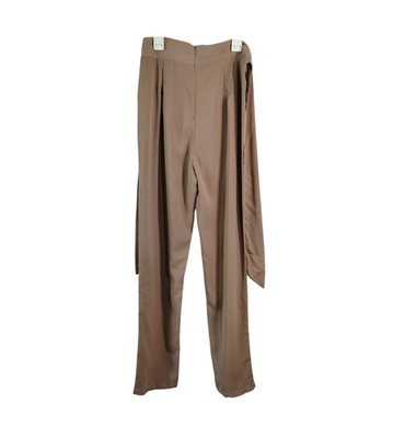 Shein Belted Pants Womens Tall Small Beige High Waiste Back Zipper Plated Front
