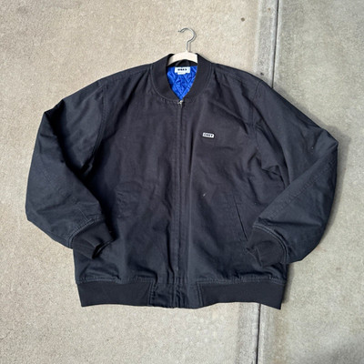 OBEY Men s Black Bomber Jacket L Regular Full Zip Lined Short Band Collar Logo