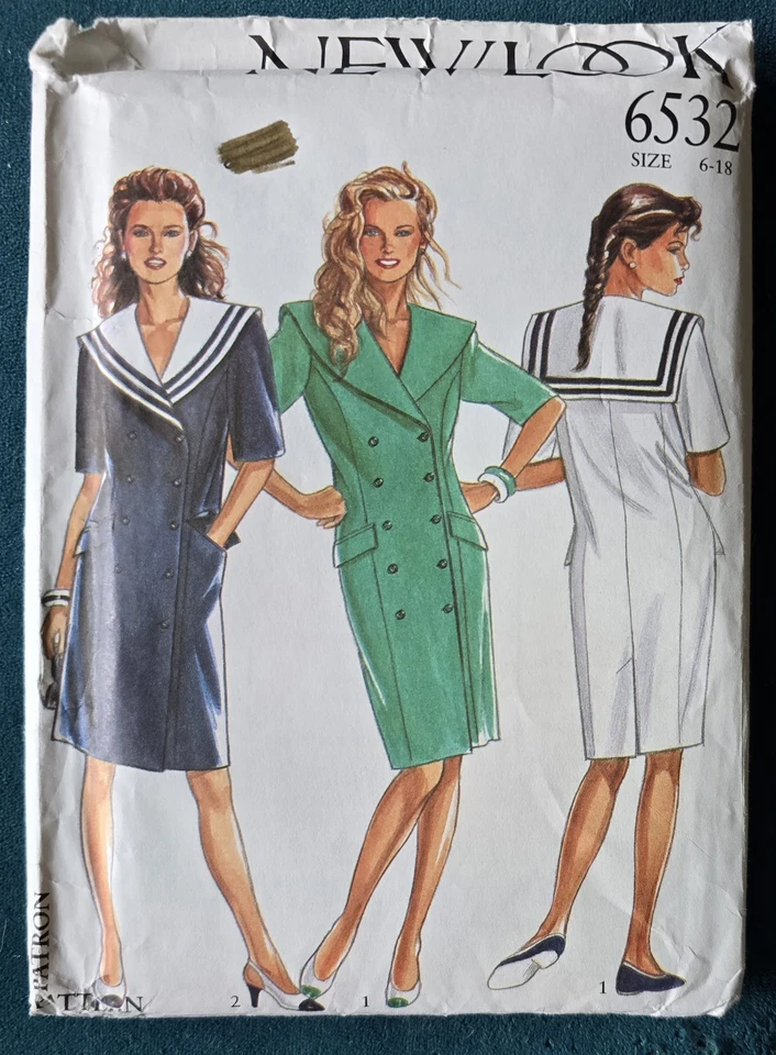 1980s Sailor Collar Double Breasted Dress Shawl New Look 6532 Sewing Pattern - Image 2 of 3