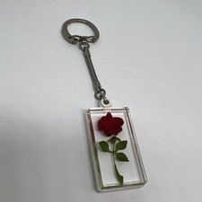 Vintage Keychain Red Rose Green Stem Floral Charm