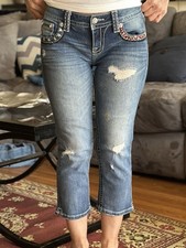 Miss Me Embroidered Distressed Cropped Jeans Blue Denim Medium Wash Women