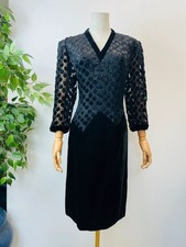 Vintage 80s Black Velvet Sheer Sleeve Flocked Spots Party Cocktail Dress 12