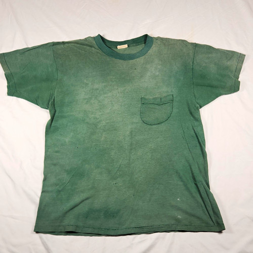 Vintage 70s 80s Blank Pocket T Shirt Faded Emerald Green 19x25.5 Slub Thrashed