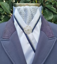 ERA Rachael Equestrian Stock Tie - White Satin, Diamond Brocade Navy &Silver