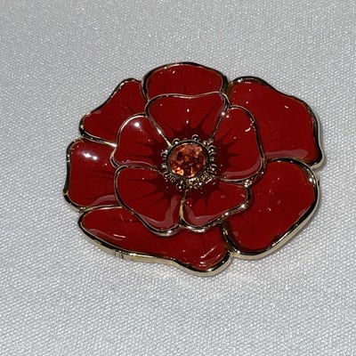Vintage LC Liz Claiborne, Enamel, Rhinestone, Red Floral pin