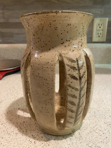 Terra Cotta Pottery Candle Holder Cut Out Design Maker Signed Vintage 1975 - Picture 1 of 9