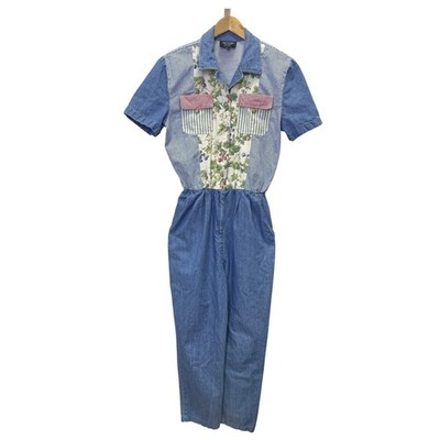 Vintage PG Collections Ginger Bort Denim Patchwork Floral Jumpsuit Womens 12 USA